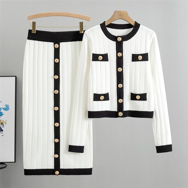 Elegant European Autumn Midi Skirt & Knitted Cardigan Set for Women