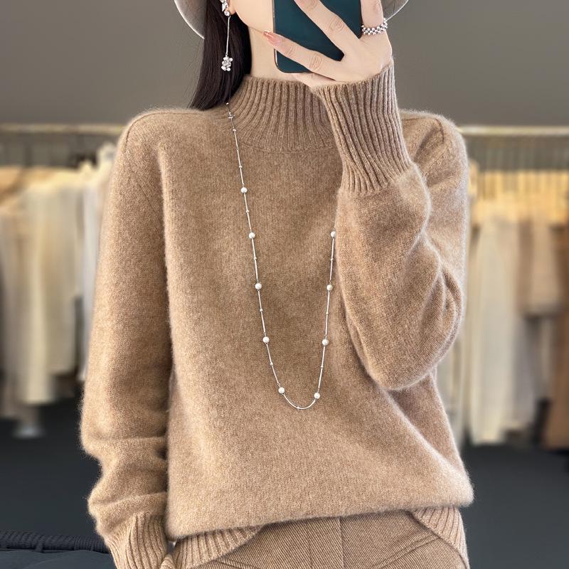 Women's Pure Wool Loose Knit Pullover - Long Sleeve, Half-High Collar, Solid Color Sweater Top