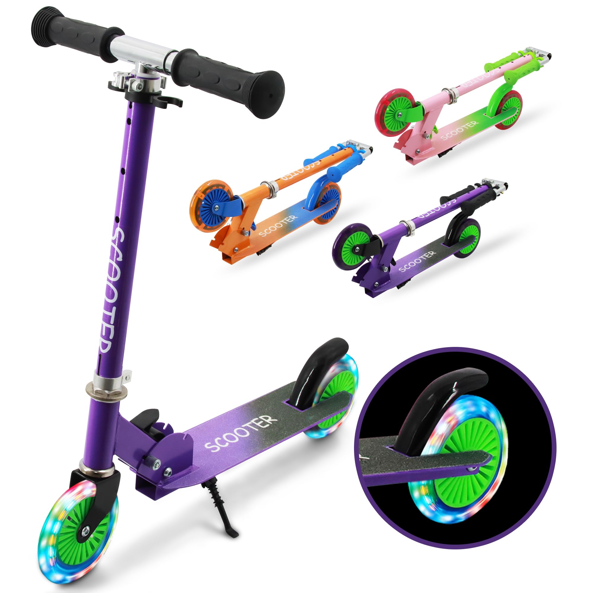 

Tenboom Кикборд Кик-скутер для LED с Легко Регулируемый Идеальный Подарок для Мальчиков и Празднование Поступления Дети, Шины, Подставка, Переноска, Складной, фиолетовый