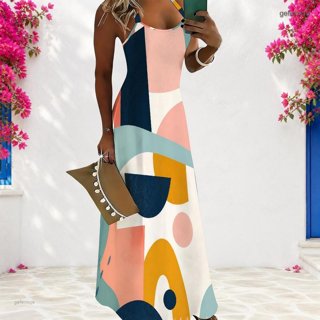 Women Plus Size Scoop Neck Strappy Sleeveless Gray Black Geometric Printed A Line Long Dress