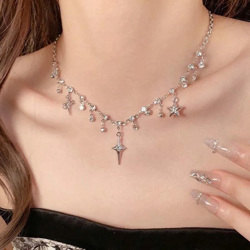 Punk Star Pentagram Necklace for Women Fashion Inlaid Rhinestone Tassels Choker Black Rope Necklace Y2K Style Accessories Gifts