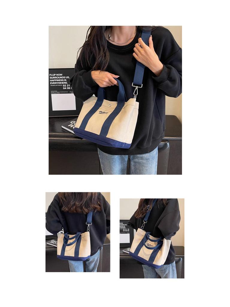 Japanese Color Block Canvas Tote: Lightweight, Large-Capacity, Versatile Handbag for Women - Shoulder or Crossbody Use.