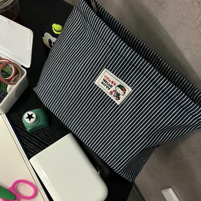 Striped Denim Cloth Makeup Bag Women's Ins Large Capacity Storage Bag Portable Travel Storage Toiletry Bag Cute Cartoon Multi Functional Cosmetic Bag