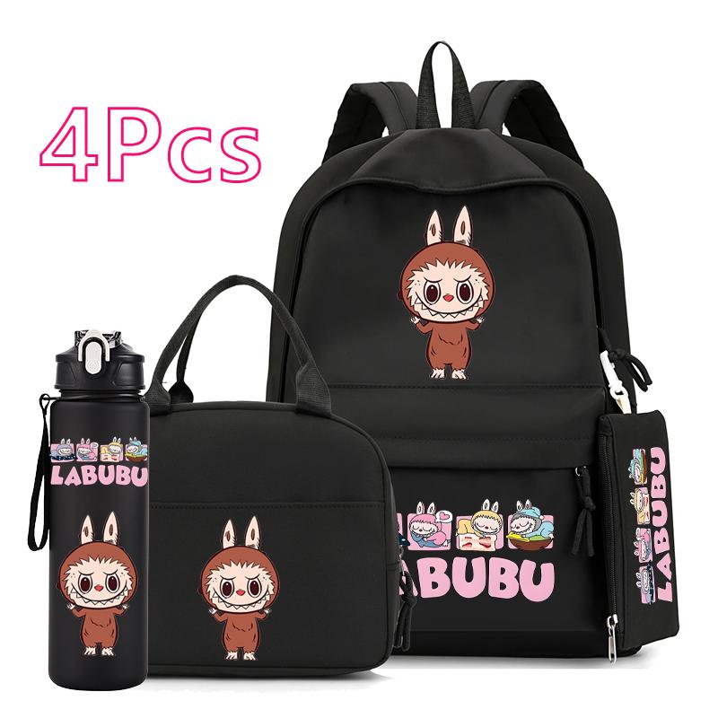 4Pcs/set Cute Anime Printed Backpack 750Ml Outdoor Sports Water Bottle Girl Boy Teen Student Schoolbag Child Kid Large Capacity Bookbag