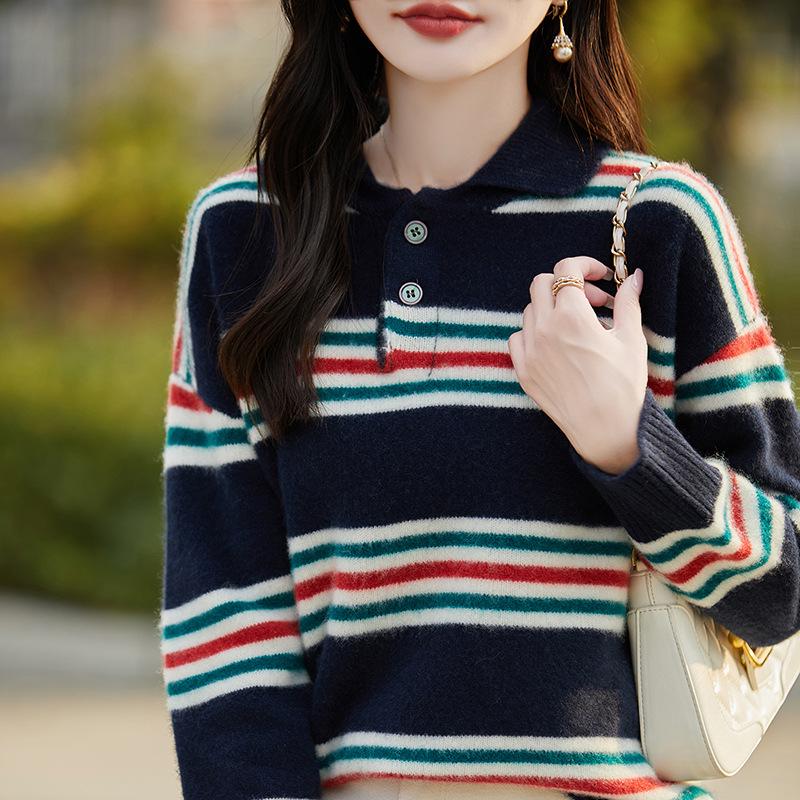 2024 Women's Color Block Striped Cashmere Knit Polo - Slimming Long Sleeve Top