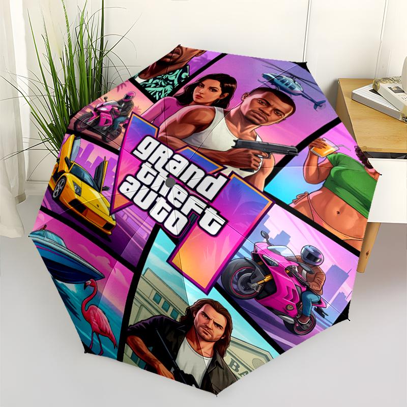 Game Grand Theft Auto Print Automatic Umbrella, 8 Rib Iron Frame, Plastic Handle, Suitable for Outdoor Travel &Daily , Ideal Gift