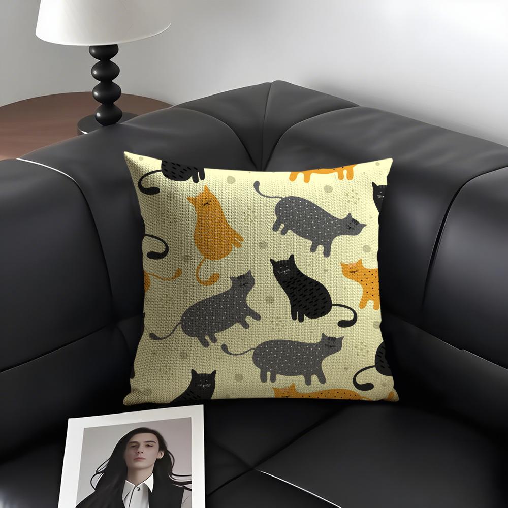 Cute Cat Cushion Cover Natural Linen Organic Fabric DoubleSided Printing Sofa Home Decor Gift Pillow Case
