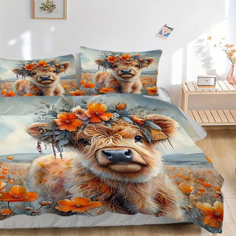 3pcs Floral Crowned Calf Bedding Set, Includes Quilt Cover and Pillowcases, Suitable for All Seasons