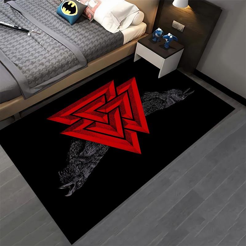 Red Geometric Pattern Black Carpet with Raven Design for Living Room Suitable for use as an anti-slip for living room bedroom sofas