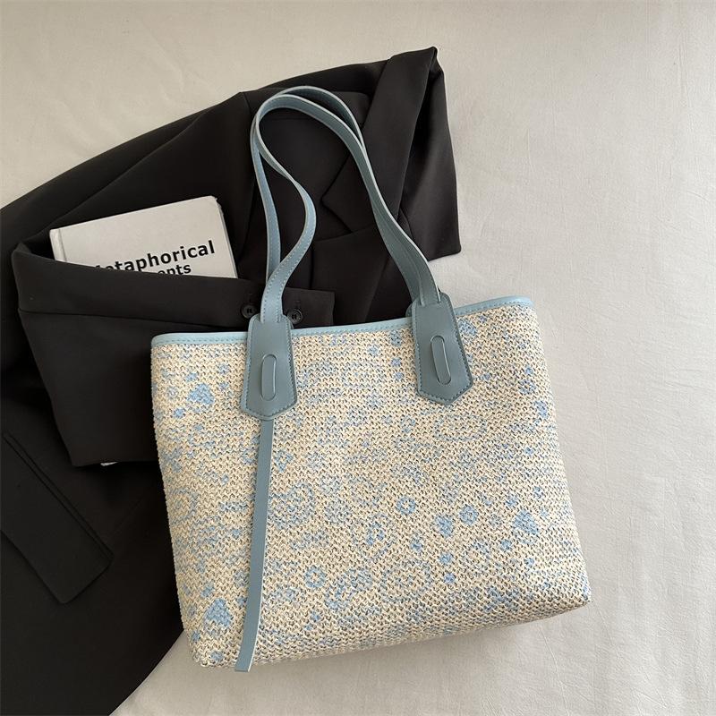 

Винтажная мода для通勤, плетеная сумка-тоут большой вместимости с комбинированием, летняя пляжная сумка 2025, сумка-тоут на плечо/под мышку синий