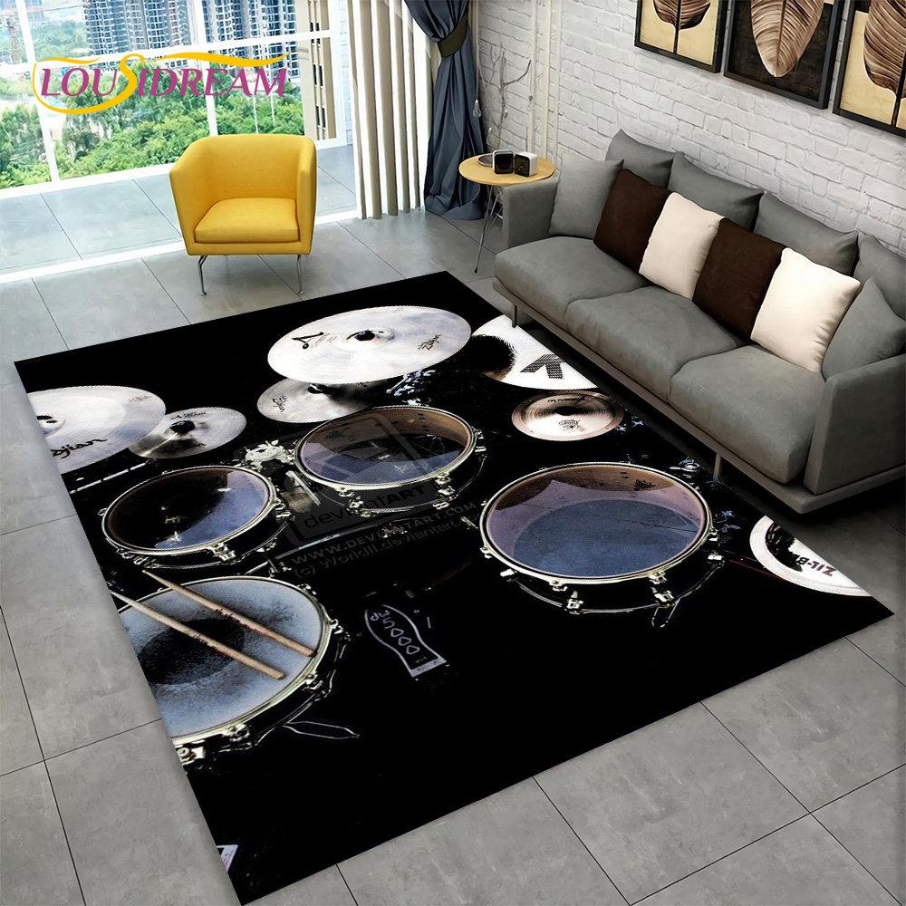 Teppich mit 3D-Schlagzeug-Musikinstrumenten, groß, Teppich für Wohnzimmer, Schlafzimmer, Sofa, Fußmatte, Dekor, rutschfeste Bodenmatte zum Spielen für Kinder