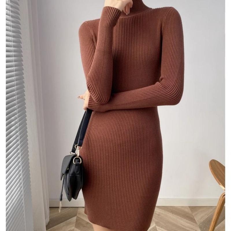 Autumn Winter Women Korean Fashion Simple Ribbed Knitted Dresses Elegant Half High Collar Long Sleeve Slim Basic Sweater Dress