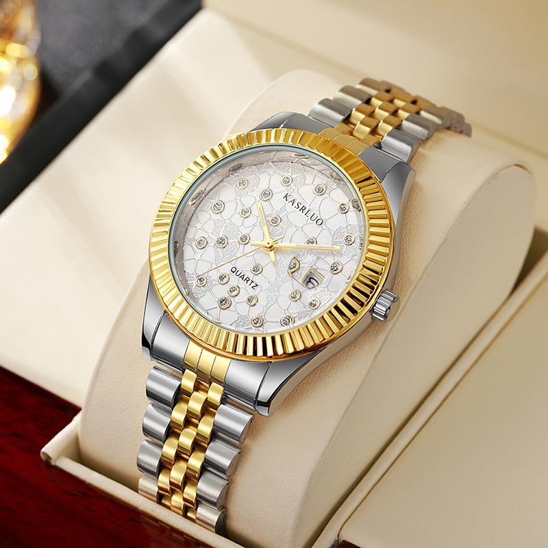 Men And Women Steel Belt Couple Gold Leisure Quartz Watch Diamond Calendar Business Watch Luminous Watch