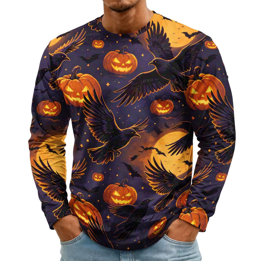 Men's Halloween Print Crewneck Long Sleeve T-Shirt for Casual Wear