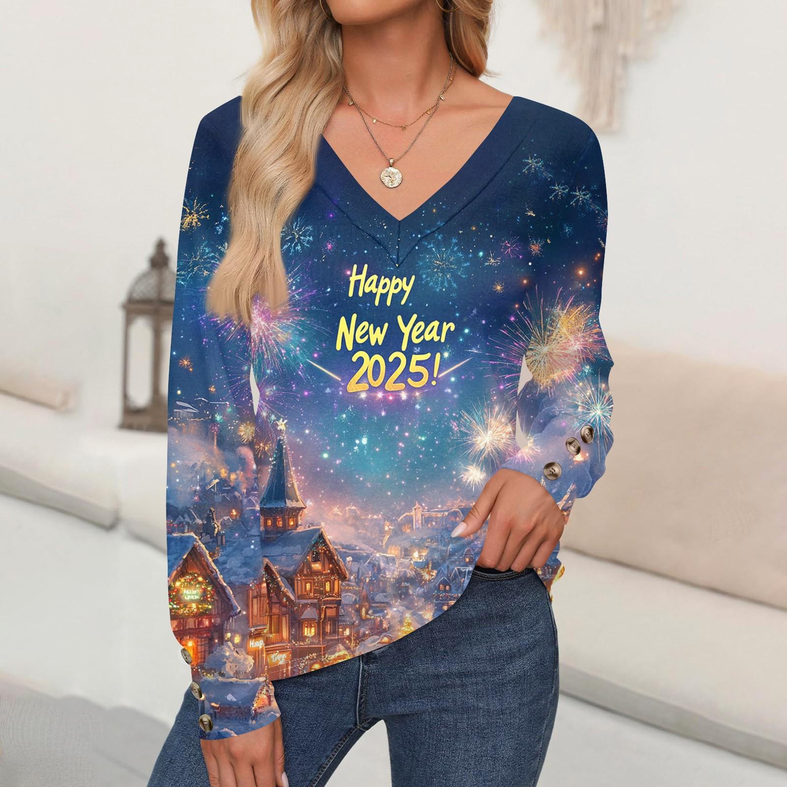 

Женская мода повседневная длинная рукава рождественский принт V-образный вырез свитер топ XL