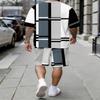 Men's Summer Geometric Set: Short Sleeve Tee & Matching Shorts with Bold Black-White-Grey Line Pattern. Loose Fit Big Size Streetwear for Daily Wear