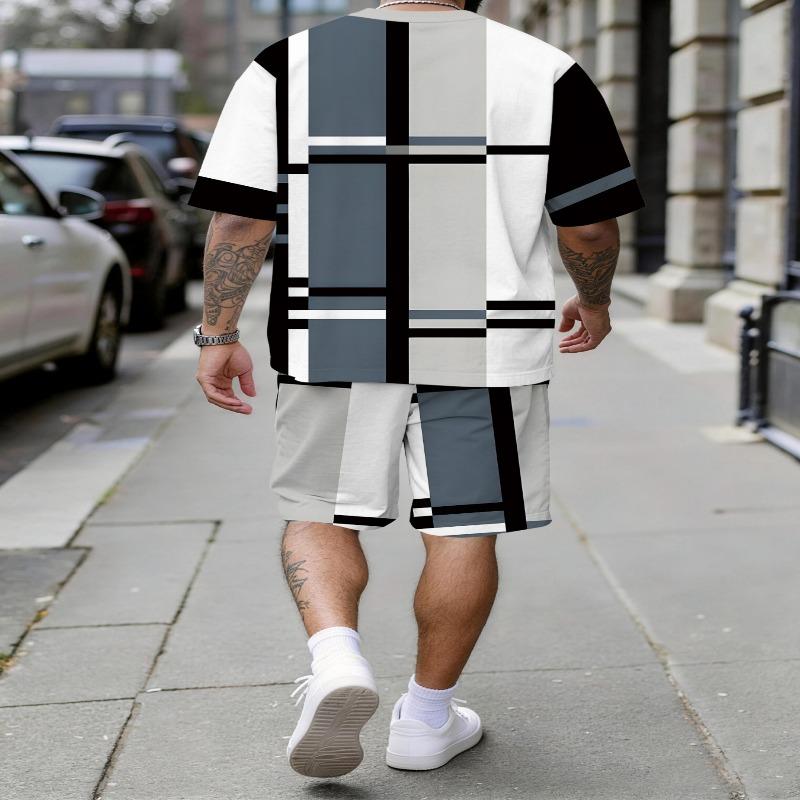 Men's Summer Geometric Set: Short Sleeve Tee & Matching Shorts with Bold Black-White-Grey Line Pattern. Loose Fit Big Size Streetwear for Daily Wear