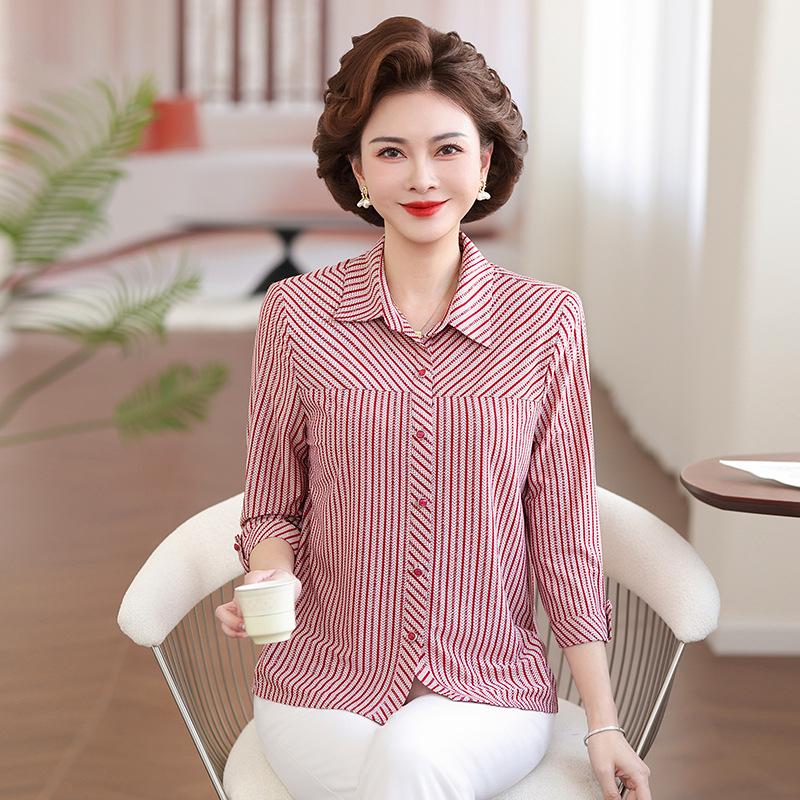 Spring & Summer Vertical Striped Shirt for Middle-aged Women - Three-quarter Sleeves, Lapel, Stretchy & Fashionable Casual Top