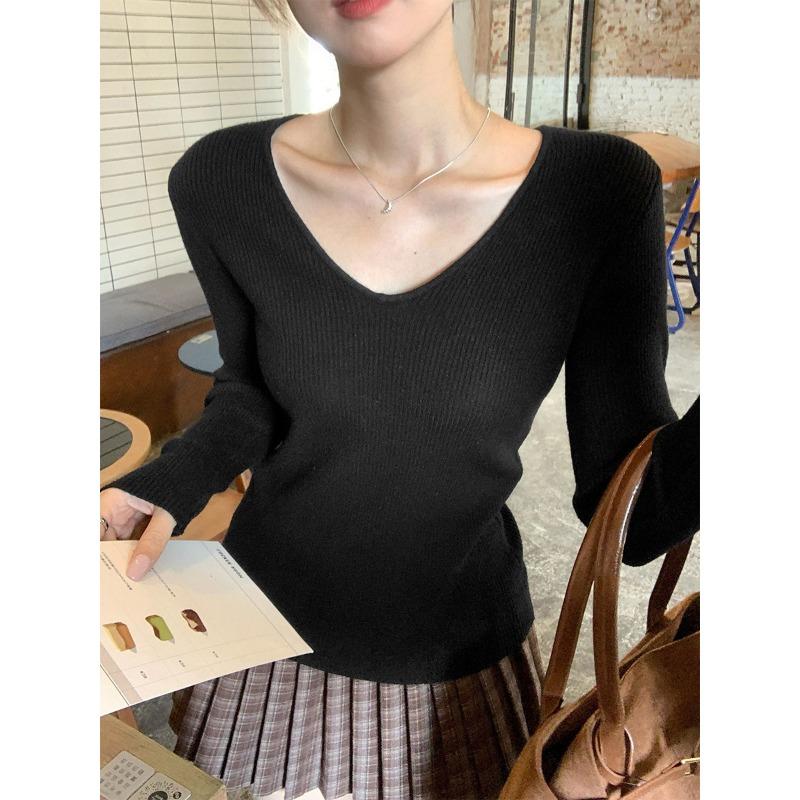 

Овсяная трикотажная базовая рубашка с V-образным вырезом до ключиц и длинными рукавами для женщин на осень и зиму, многослойный, облегающий и красивый топ One Size