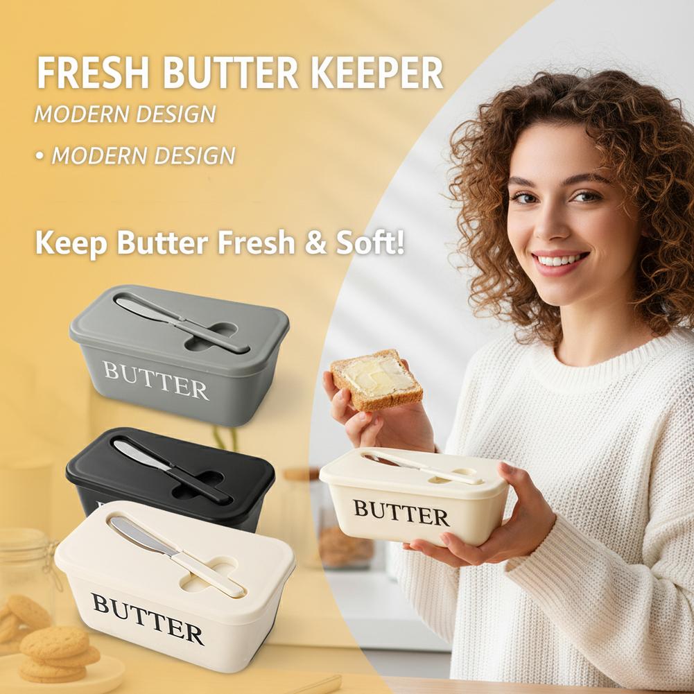 PP Butter Dish with Lid & Spreader Airtight Butter Keeper for Fridge Modern Kitchen Storage Container for Butter, Cream Cheese