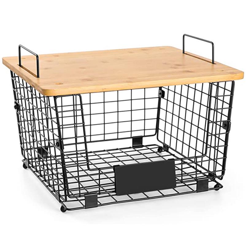 Multi-purpose Folding Iron & Bamboo Storage Rack with Double-layer Baskets for Kitchen & Living Room