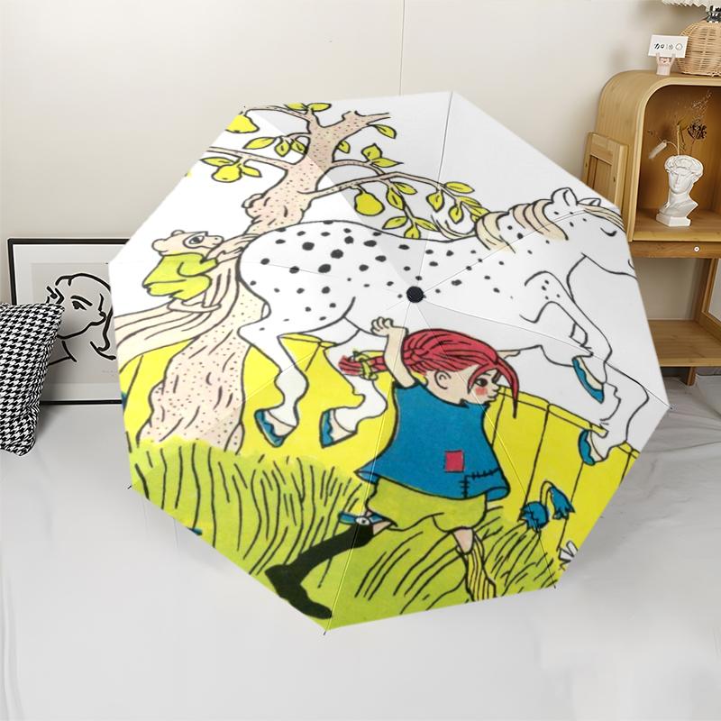 Pippi Longstocking Theme Automatic Umbrella, Lightweight & Portable, 8 Rib, Perfect for Outdoor Travel, Birthdays, Christmas, Gifts.