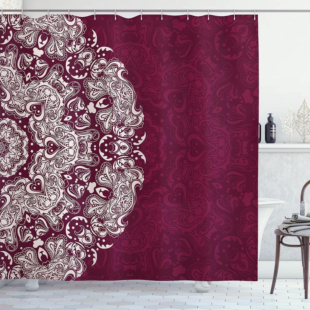 Burgundy Mandala Shower Curtain Boho Floral Pattern Elegant Bathroom Decor Linen160X180