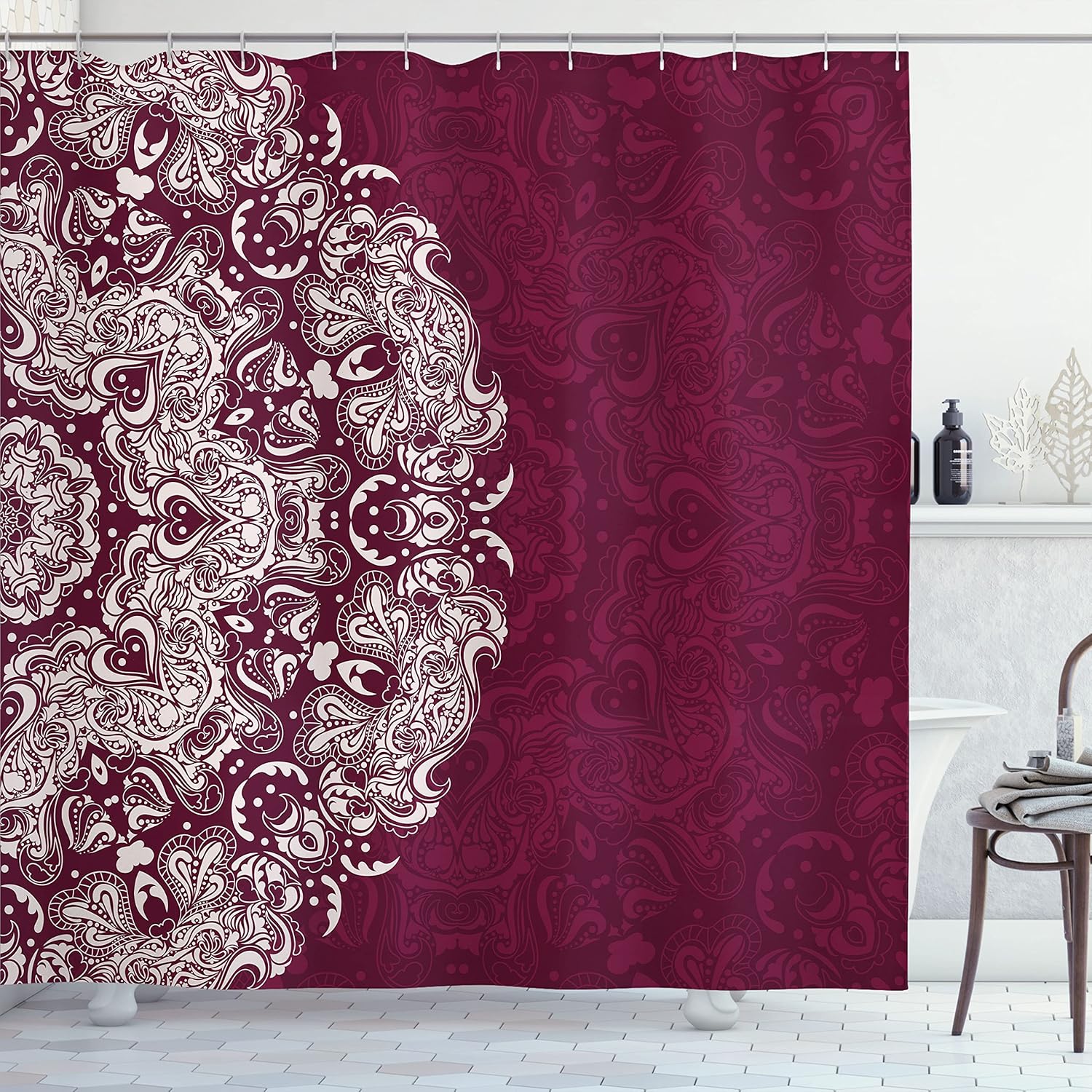 

Burgundy Mandala Shower Curtain Boho Floral Pattern Elegant Bathroom Decor Linen160X180 W60H190(CM)-1 Pcs