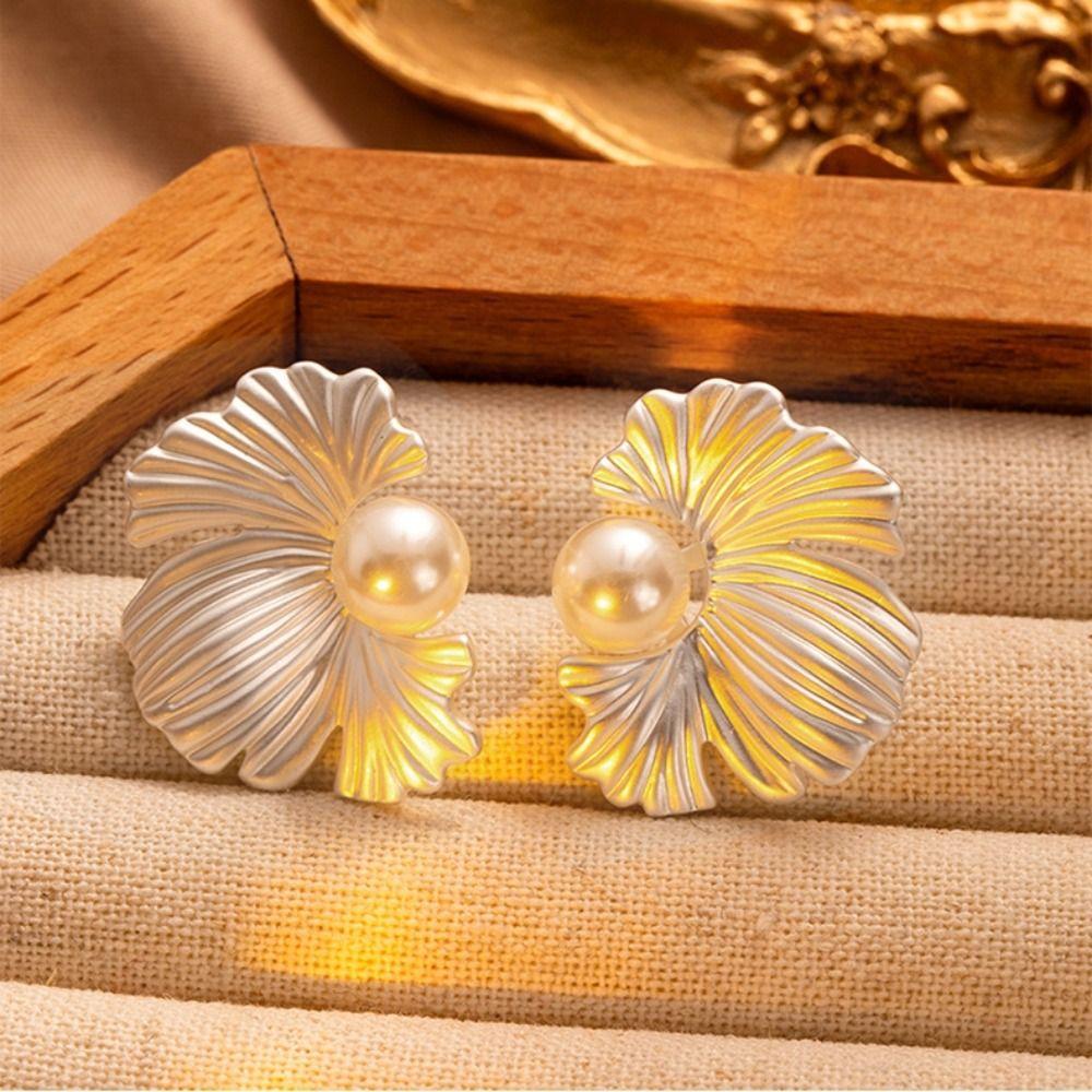 Textured Pearl Ear Studs Solid Color Flower Earrings Jewelry Exquisite Ginkgo Leaf Earrings Party