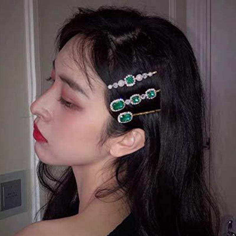 Trendy Sparkly Rhinestone Hair Accessories Square Round Hair Slide Clip Set Green Crystal Barrette For Women Girls