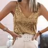 Women Tops Deep V-Neck Sparkling Sequins Design Sleeveless Vest Loose Fit Party Camisole Nightclub Wear