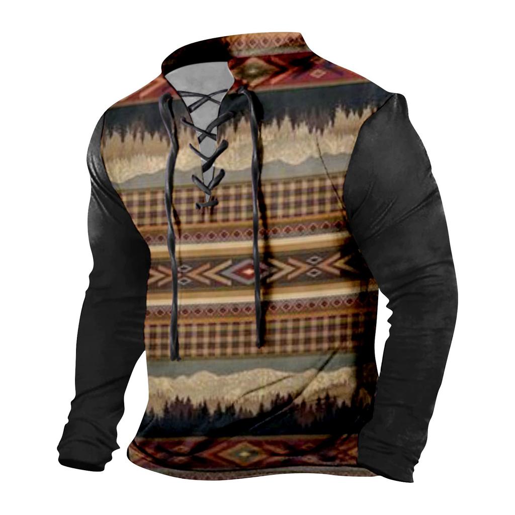Men's Fashion Casual Printed Long Sleeve Bandage Retro Shirt Top Blouse