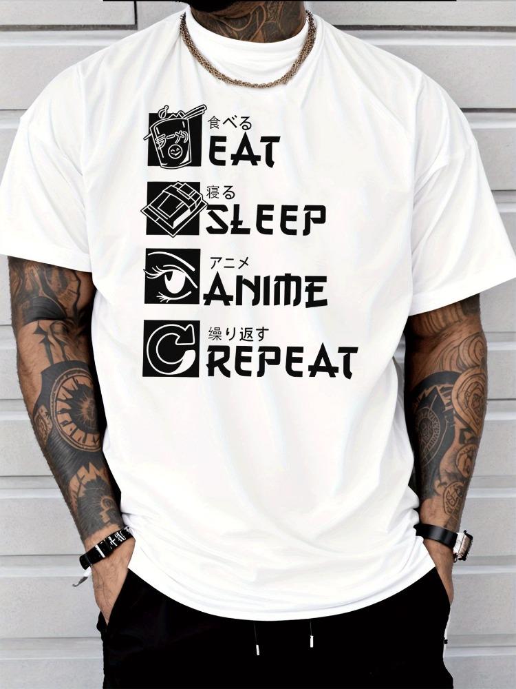 Unisexs Anime Fan Tee Eat Sleep Repeat Japanese Letter Graphic Red Crew Neck Loose Soft Short Sleeve Daily Summer Street Casual Top