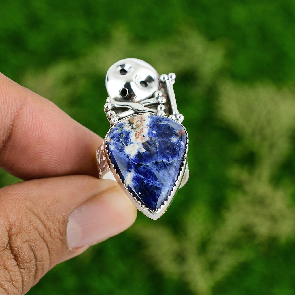 Natural Sodalite 925 Silver Promise Skull And Bone Adjustable Ring For Girls
