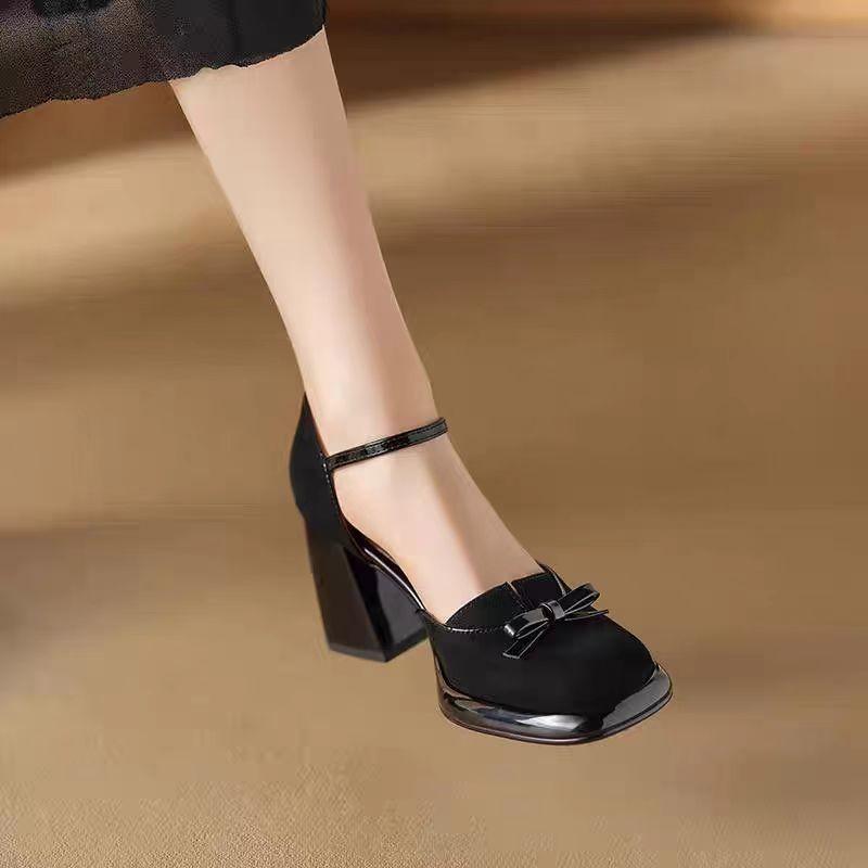 Fashionable Retro Suede Thick-soled High-heeled Shoes -  Summer New Style Ladies Pointed-toe Bow-knotted Chunky Heel Sandals