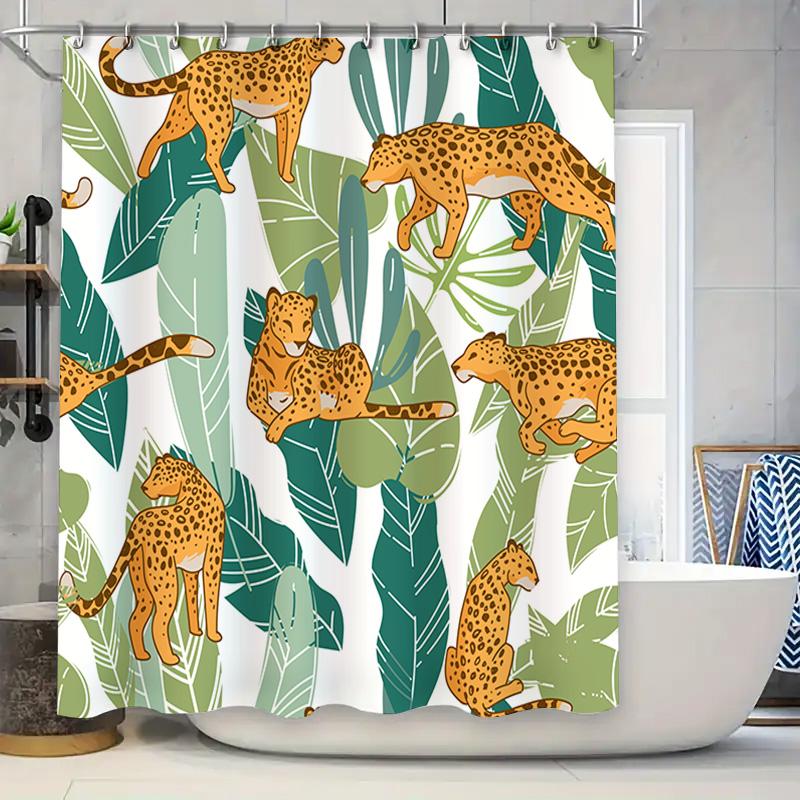 

Luxury Leopard Print Shower Curtain: Green Leafy Jungle Design For Bath Decoration Decorative Bathroom Accessories For Home Use W60H190(CM)-1 Pcs