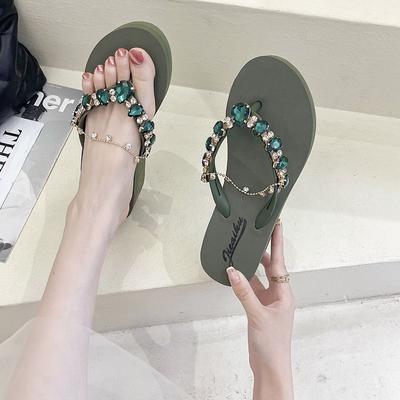 Modische rosa Sandalen Grüne Strasssteine Damen Hausschuhe Schuhe für Damen 2024 Pantoletten Zehentrenner Kristalle Juwelen Sommer Keilabsatz Schuhe 39
