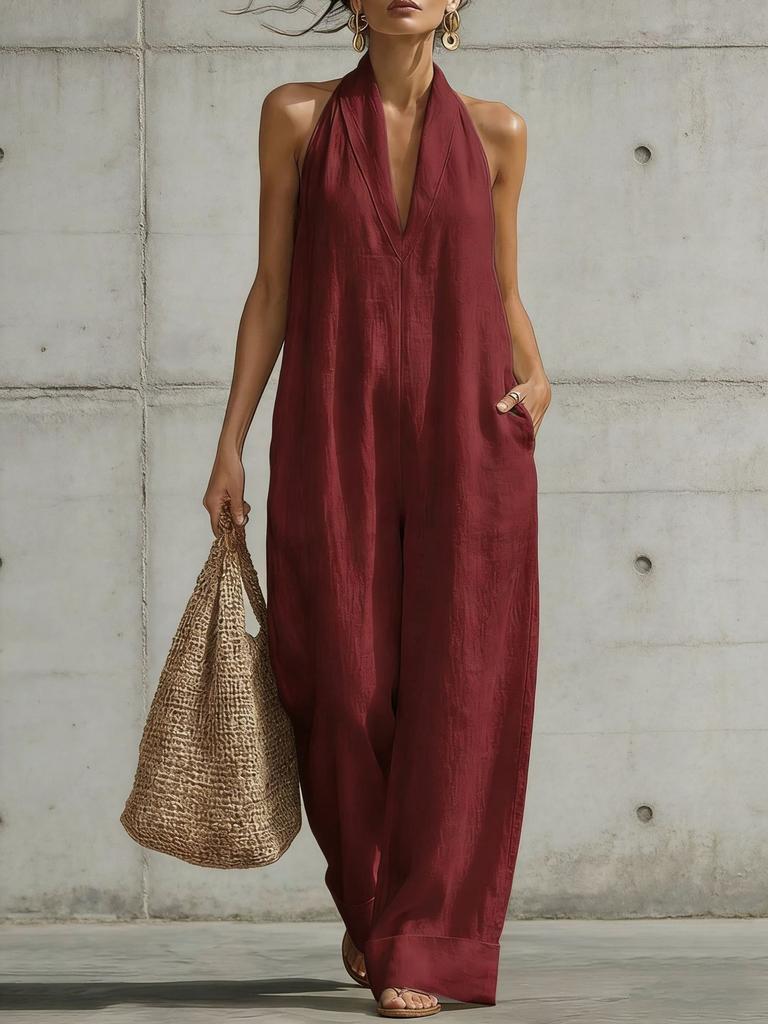 Women Simple Elegant Sleeveless Straight Casual Cotton Linen Jumpsuit
