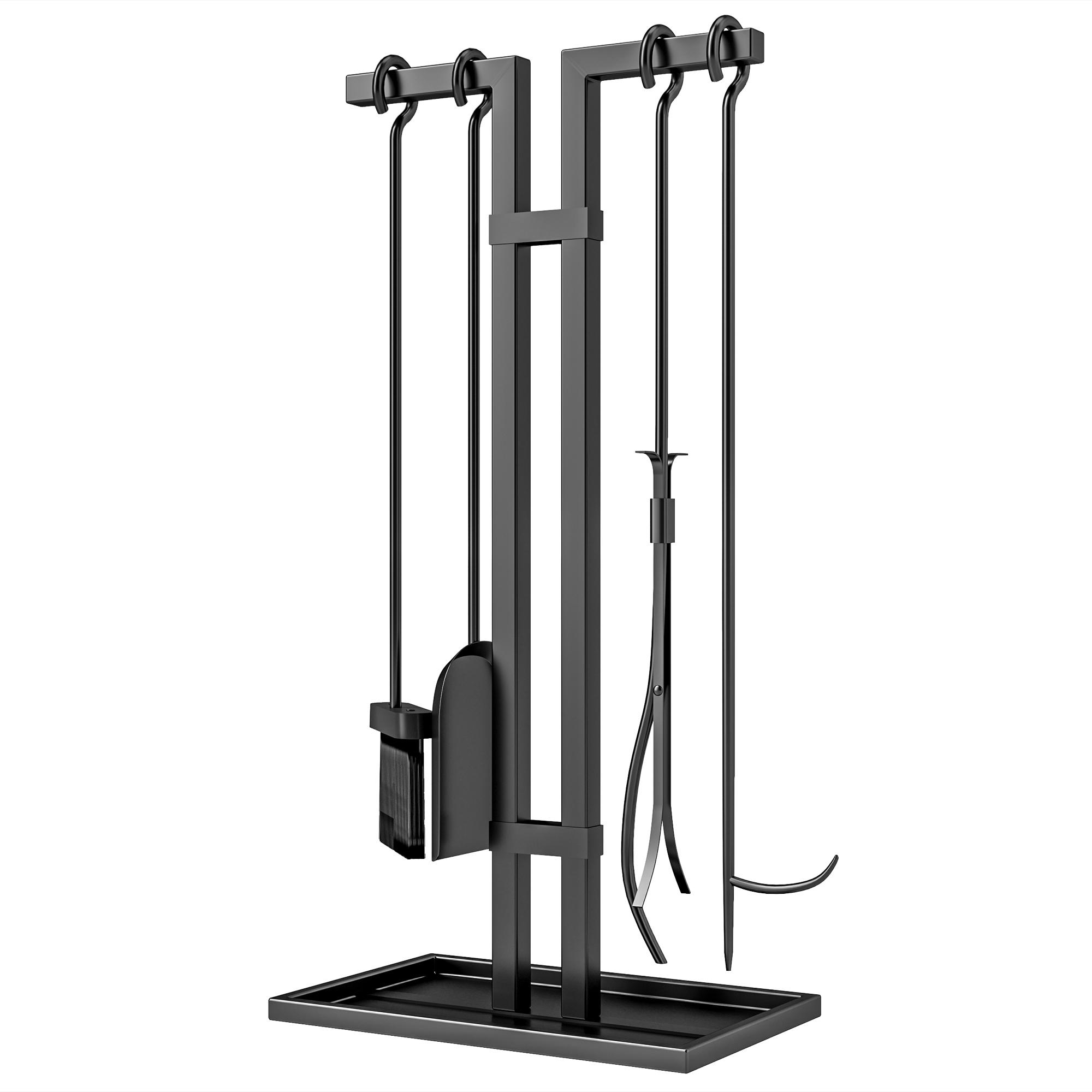 Ensemble d'outils de cheminée 5 pièces, Outils de cheminée, Métal, Balayette, Pelle, Pince à bois, Tisonnier Et Support, Noir