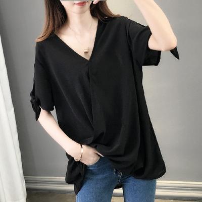 Damenmode, lässig, Sommer, Frühling, einfarbig, bedruckt, kurzärmelig, V-Ausschnitt, Blusen und Hemden