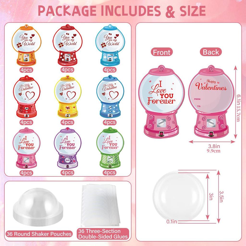 36 Pack/set Valentines Candy Card Gumball Machine Treat Holder Cards Valentine Gifts Exchange Card Holiday Party Supplies