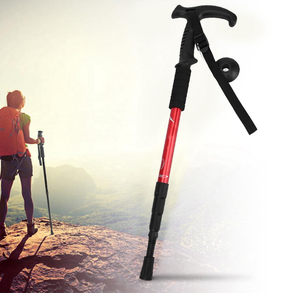 Outdoor Aluminium Alloy Suspension T Handle Trekking Pole Walking Stick for Climbing Camping(red )