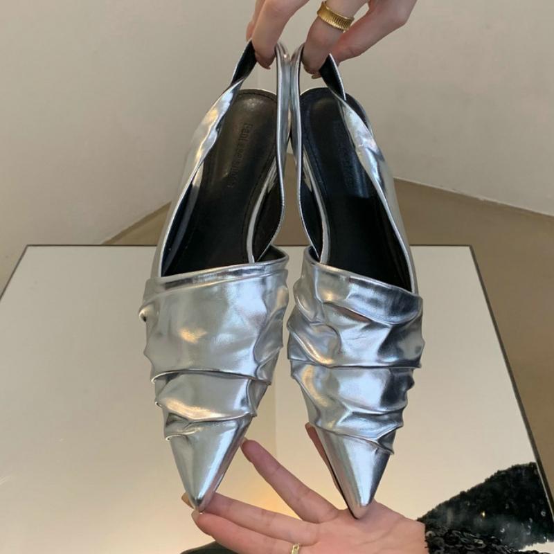 

Элегантные плиссированные туфли-лодочки с острым носком 2025 лето женские сексуальные босоножки без задника неглубокие модные офисные дизайнерские брендовые туфли для дам 39 серебряный