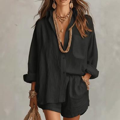 Summer New Lazy Style Shirt Set Fashion Solid Color Shorts Two Piece Set Women