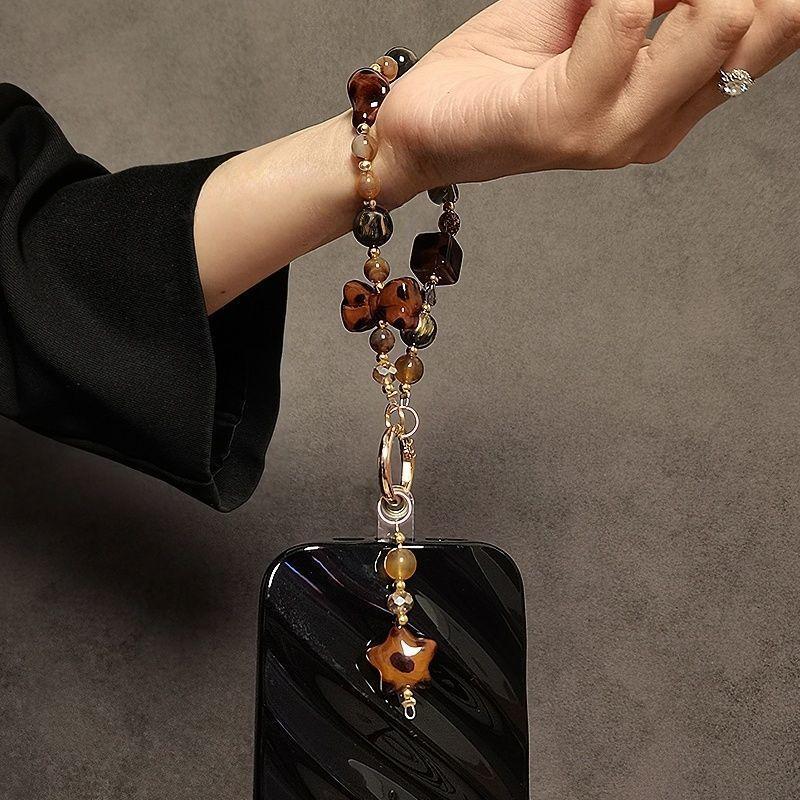Fashion Vintage Leopard Print Beaded Phone Lanyard With Crystal Waterfall For Women And Men