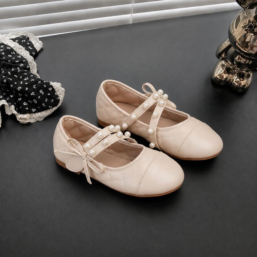 Girls' Leather Shoes, New Spring/autumn Collection, Featuring Pearl Cross Straps, a Bow, a Flat Sole, a Princess-style Design, and a Chic, Elegant