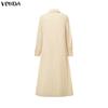 VONDA Women Elegant Lapel Neck Long Sleeve Baggy Pleated Casual Long Shirts Dress