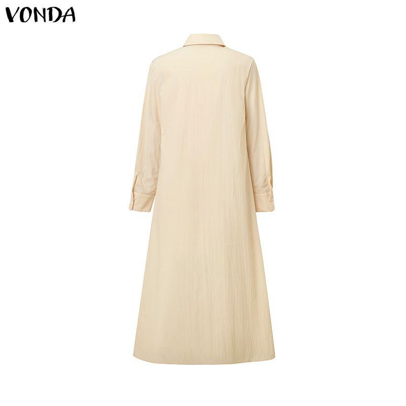 VONDA Women Elegant Lapel Neck Long Sleeve Baggy Pleated Casual Long Shirts Dress