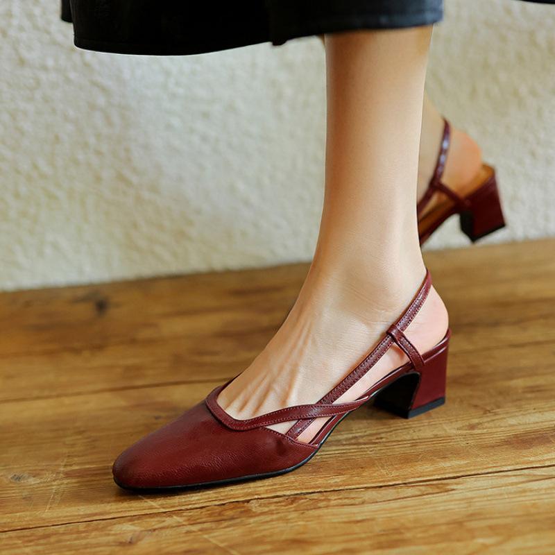 New Women's High-heeled Sandals Thick-heeled Buckle Bag Head Sandals Women's Casual Leather Beef Tendon Sole Square Head Rear Empty Sandals