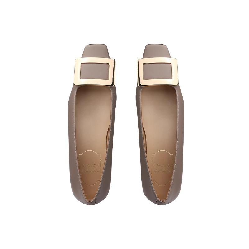 Cowhide Version~ Elegant Metal Square Buckle Thick Heel Shallow Mouth Square Head Flat Sole Shoes Women's Spring and Autumn